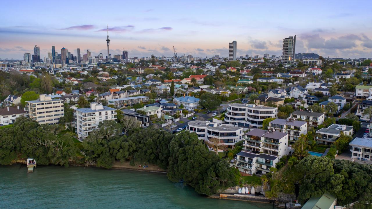 Aerial drone view of the Westpoint complex, Herne Bay, with Auckland CBD skyline